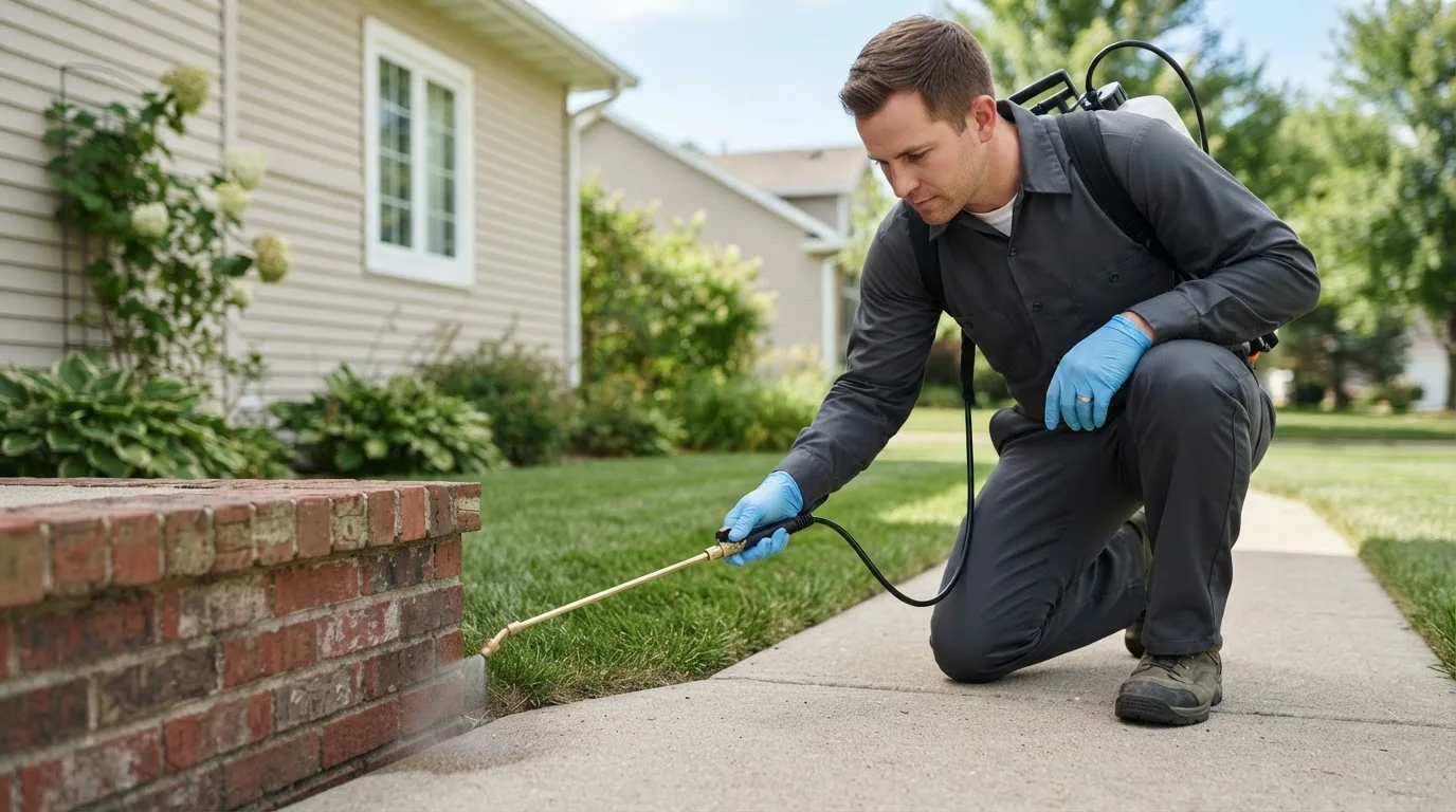 Pest control technician treating a home near Elmore, OH