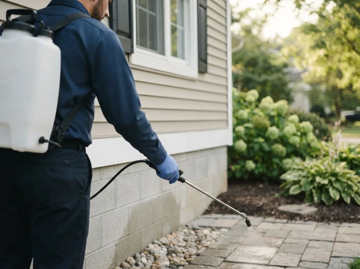 Pest control technician inspecting a home in Elmore, OH